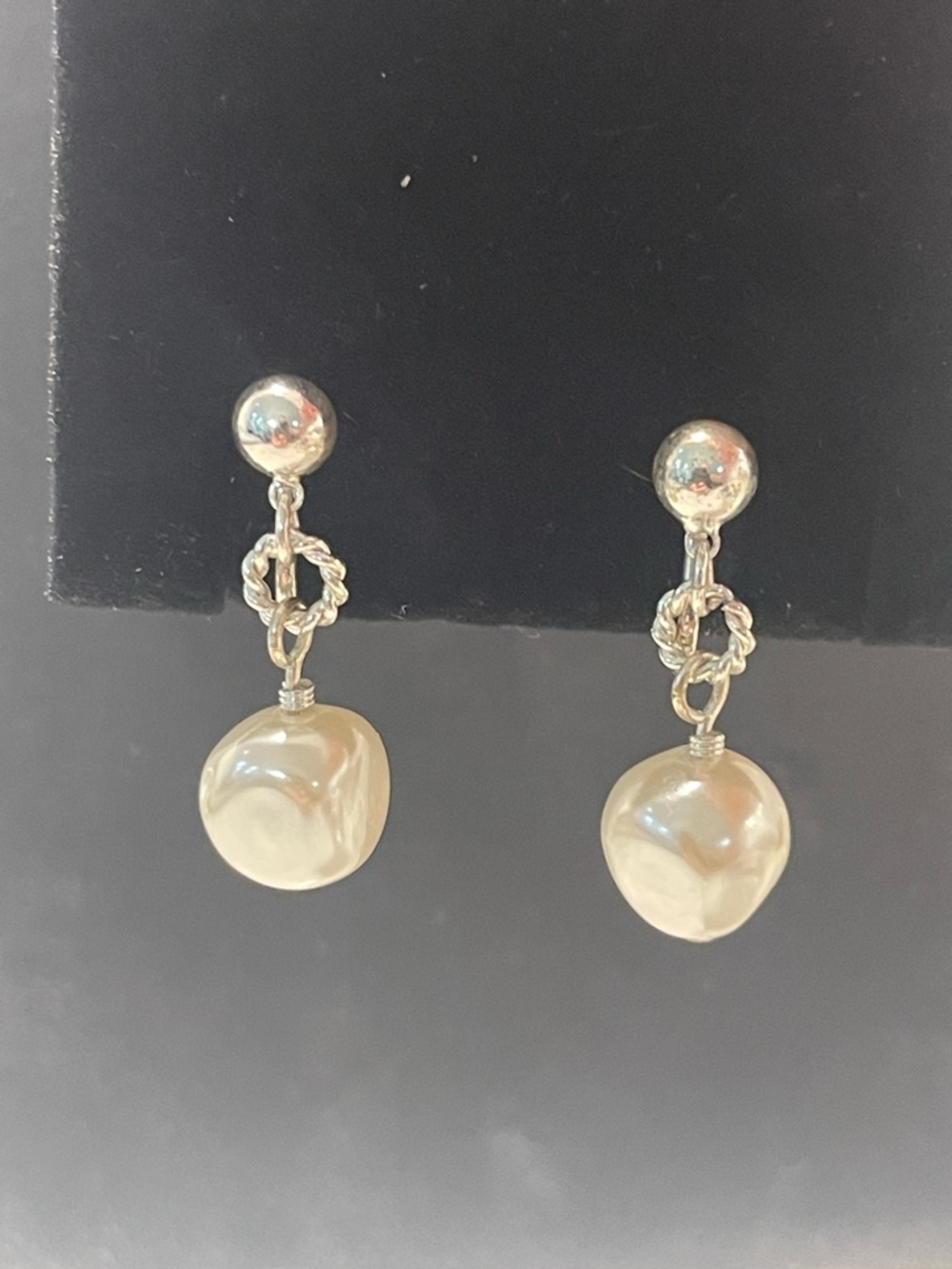 Silver Drop Pearl Dangle Earrings - Cream Pearl